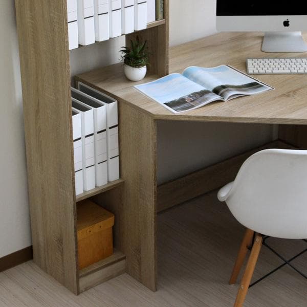《新品・送料無料》パソコンデスク コーナー ハイタイプ 書棚付き オーク 北欧風