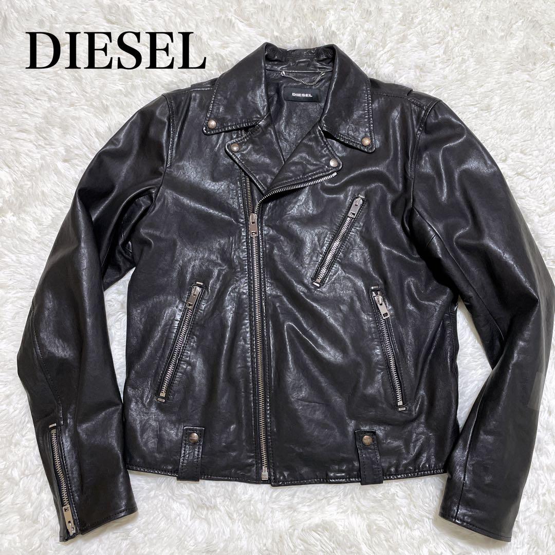 DIESEL ライダースジャケット　ダブル　羊革　黒　インポート　XL 背中刺繍