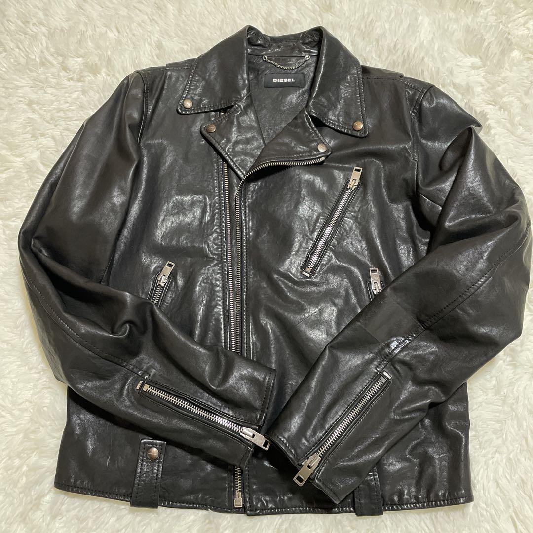 DIESEL ライダースジャケット　ダブル　羊革　黒　インポート　XL 背中刺繍