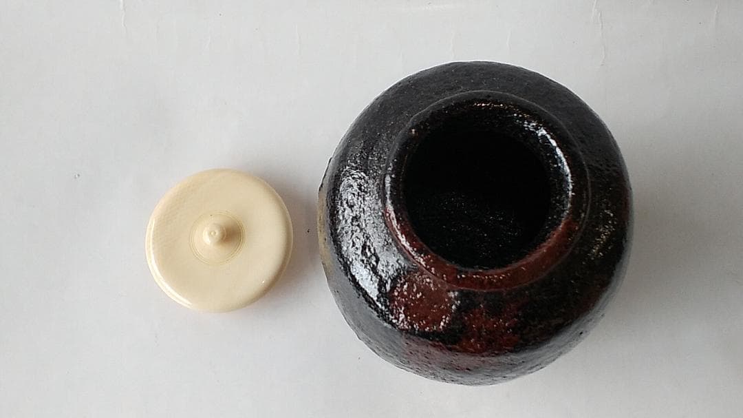 希少品 楽焼 吉村楽入 作 黒楽 茶入 仕覆 鶏頭大燈古金襴 茶道具 共箱 新品
