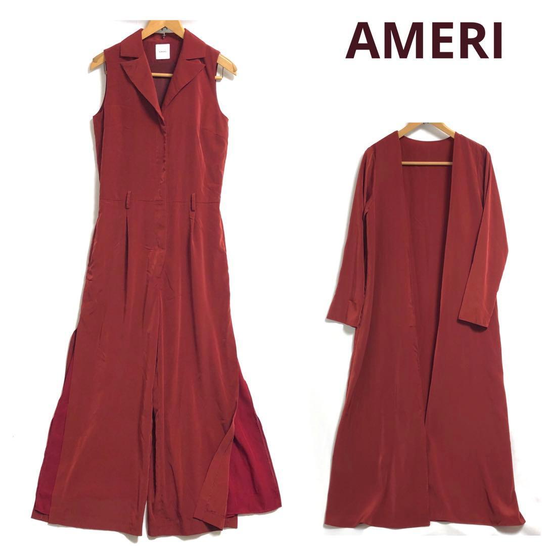 ⭐️美品アメリ シャイニーオールインワンつなぎwロングカーディガン上着　赤系