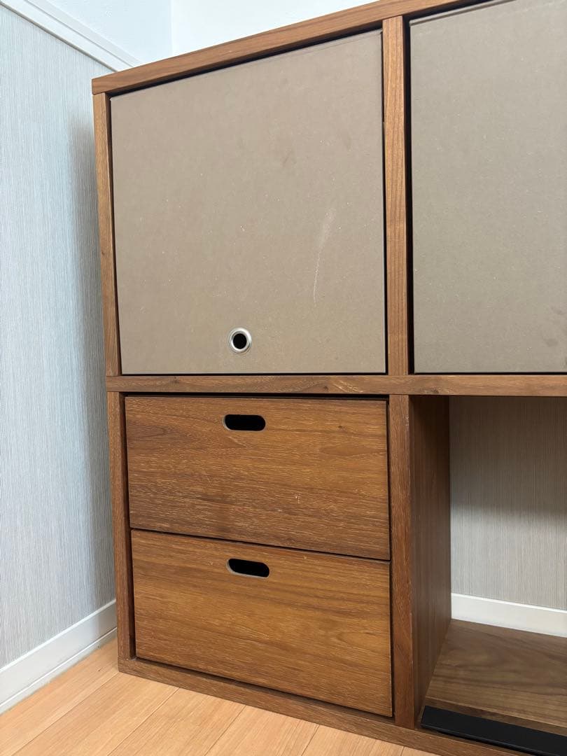 【送料込・無印良品】スタッキングシェルフ ウォールナット ５段×２列 引出し3個