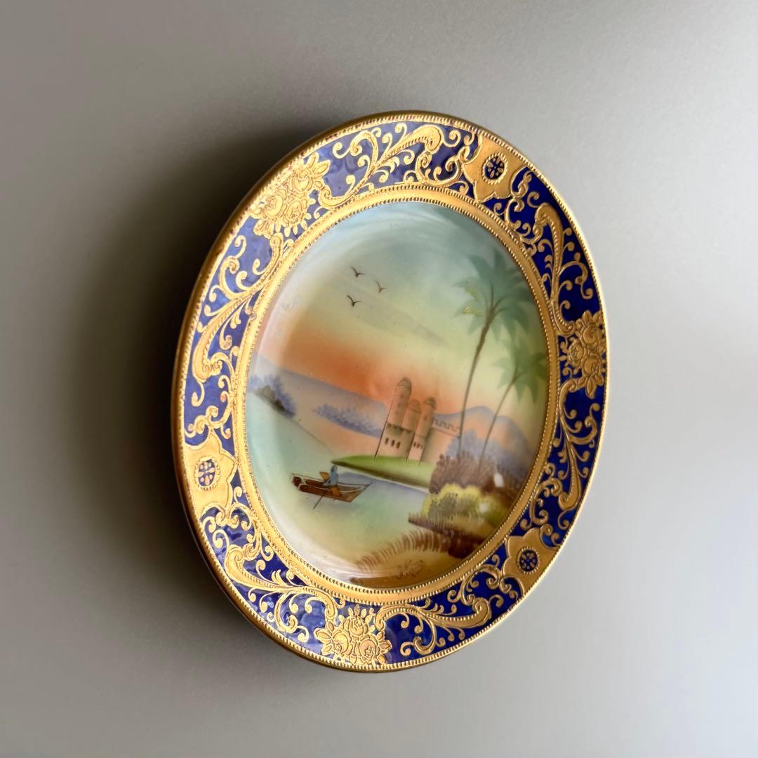 戦前期MEITO　手描き　豪奢な装飾絵皿　金彩xコバルトブルー　里帰り【稀少品】