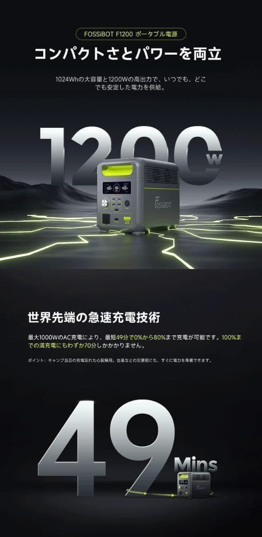 ポータブル電源 1200W リン酸鉄 4000回サイクル 1024Wh 大容量