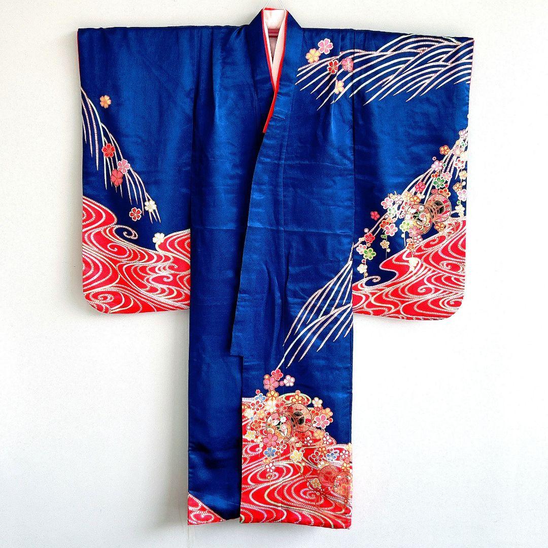 セット七五三7歳女の子長着＆袖なし長襦袢＆袋帯＆草履＆巾着＆小物紺金プリント鼓花