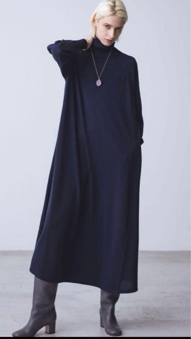 ebure 美品ウール ハイネックニット ロング ワンピース ネイビー