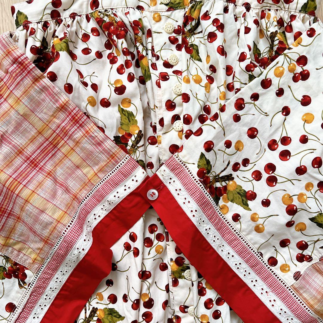 PINK HOUSE　チェリー柄　チェック柄　パッチワーク　エプロンスカート