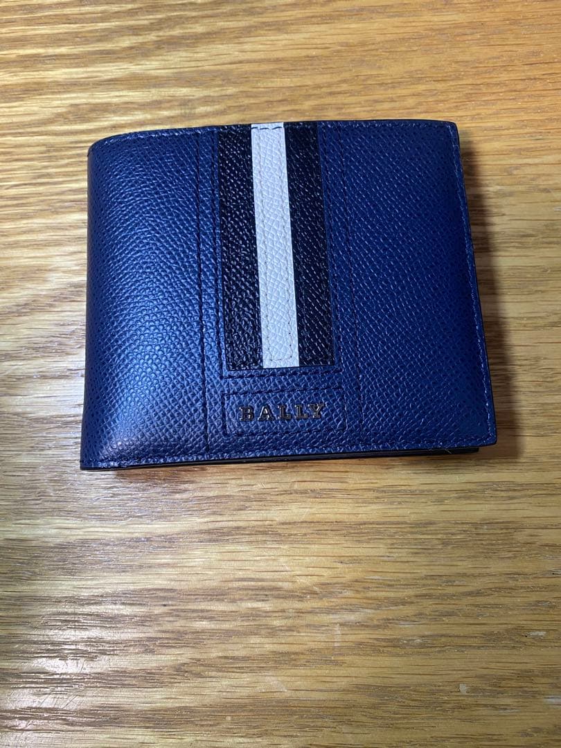 ［新品・未使用］BALLY ネイビー ストライプ 二つ折り財布 箱付き