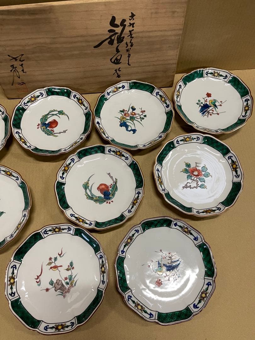 007 [九谷焼]古九谷　皿　時代物　花鳥絵変り　9枚　古美術品　未使用