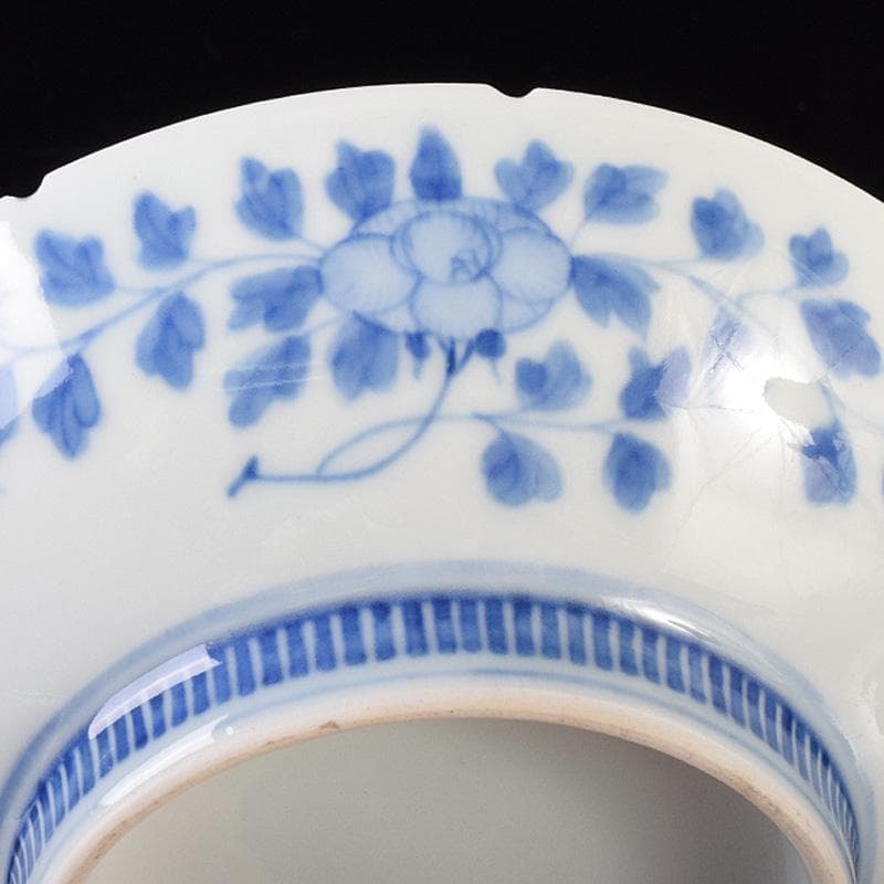 鍋島焼　染付　萩文　五寸皿　輪花皿　時代箱　V　R8110