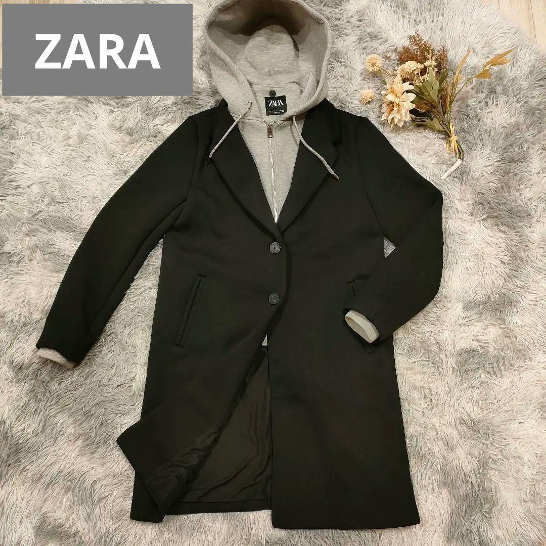 美品　ZARA デタッチャブルフード コントラストコート M ロング フード付