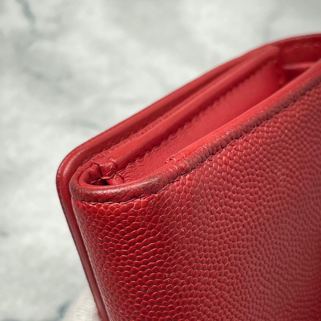 ギャラカード有✨ CHANEL キャビアスキン 三つ折り財布 赤