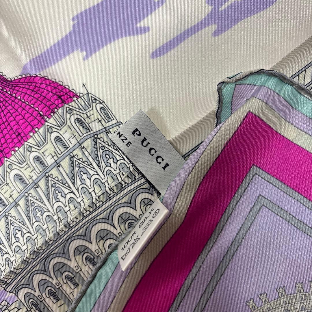 0805 エミリオプッチ　ミニスカーフ　建物　人物　ピンク　ブルー　汚れあり.