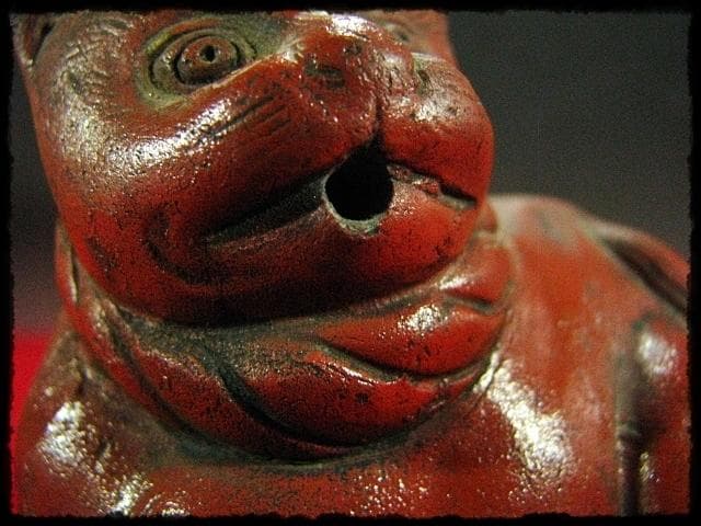 古備前 猫 水滴 ねこ ネコ 水注 朱泥 書道具 文房具 時代箱 kc304