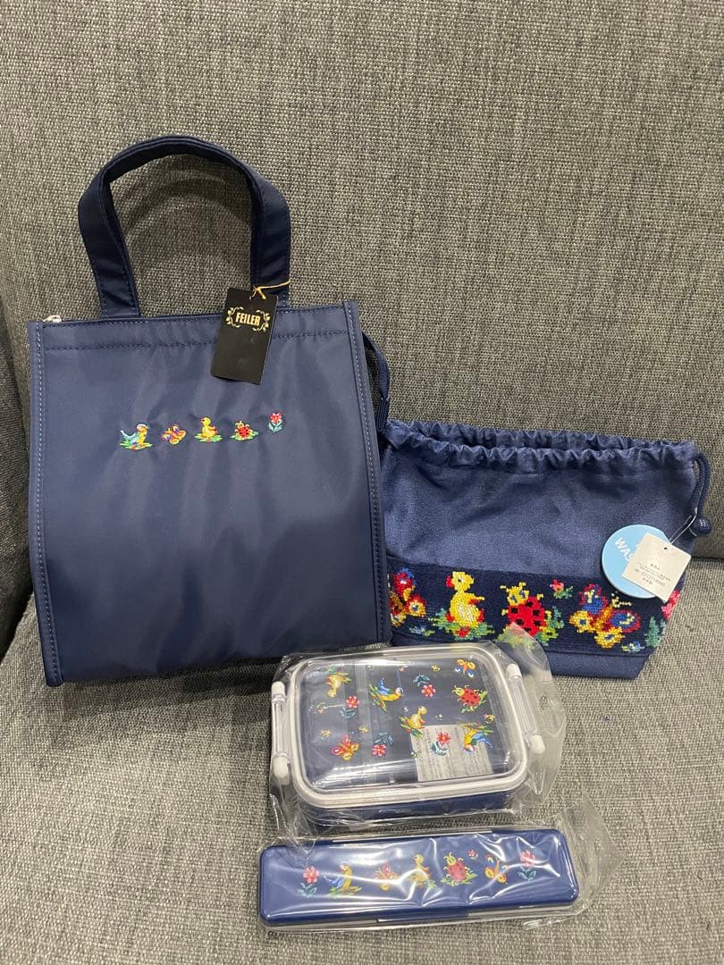 学校フェイラー　ネイビー刺繍ランチバッグセット① お弁当カトラリー