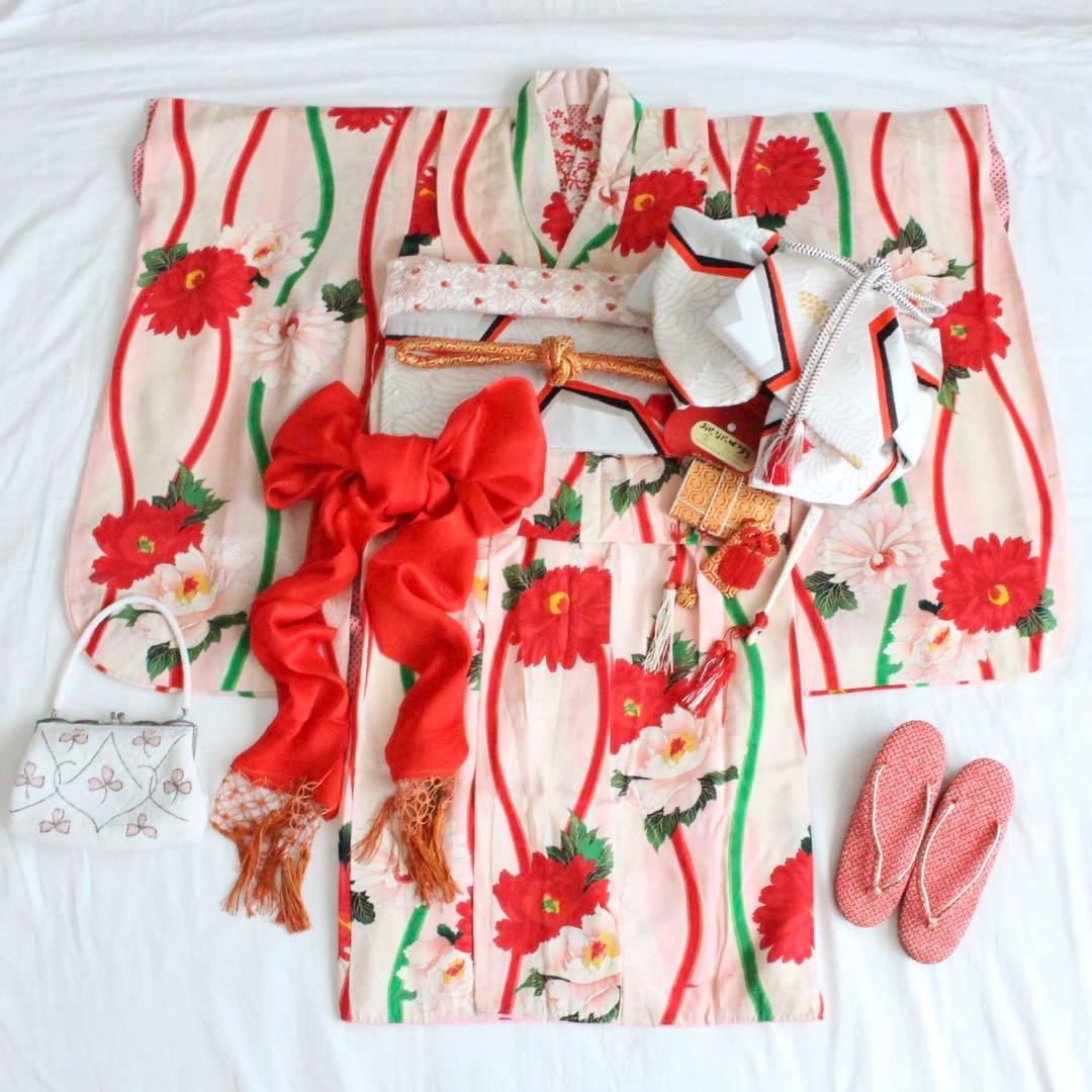 七五三 7歳 子供 女の子 アンティーク 正絹 着物 つくり帯 セット