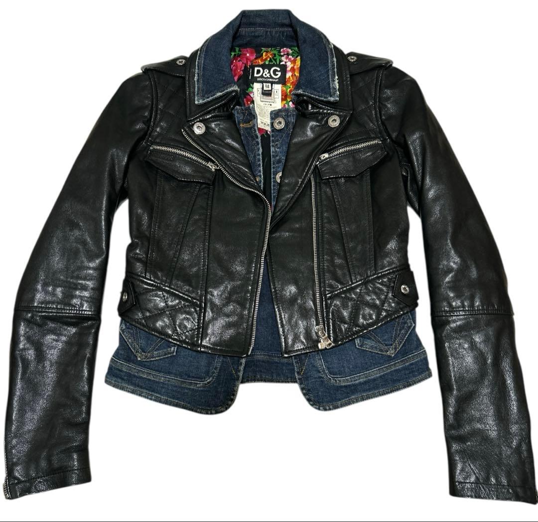 極美品　総柄 花柄 デニム 本革 ライダース レザージャケット革ジャンライダース