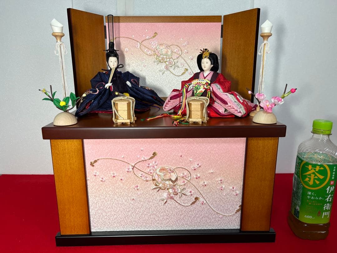 収納式親王飾り　刺繍梅桜　セット