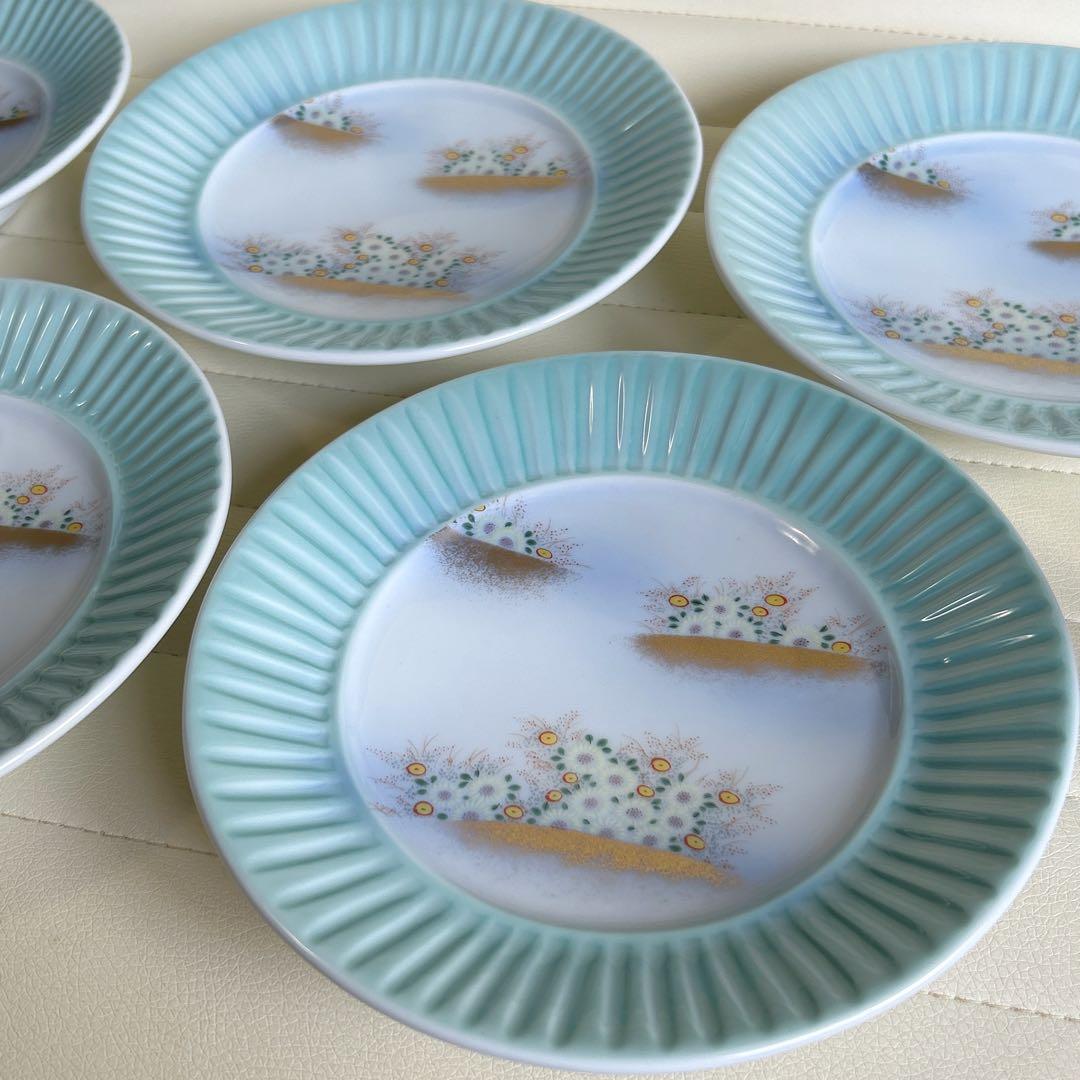 深川製磁　金襴草花　青磁　和皿揃え　5枚セット　中皿　金彩　色絵　和食器　高台皿