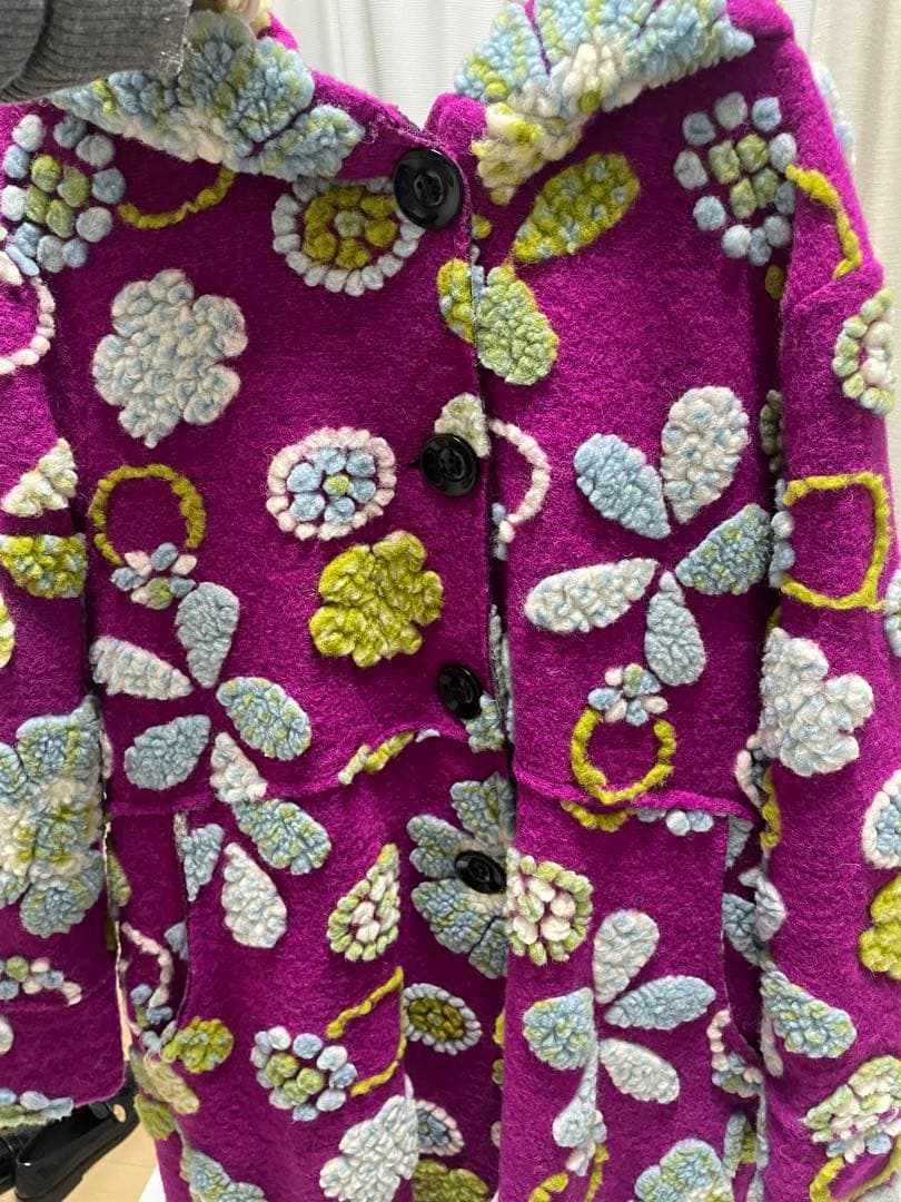 イタリア製　ウールコート　花柄　パープル　マルチカラー　フード付き