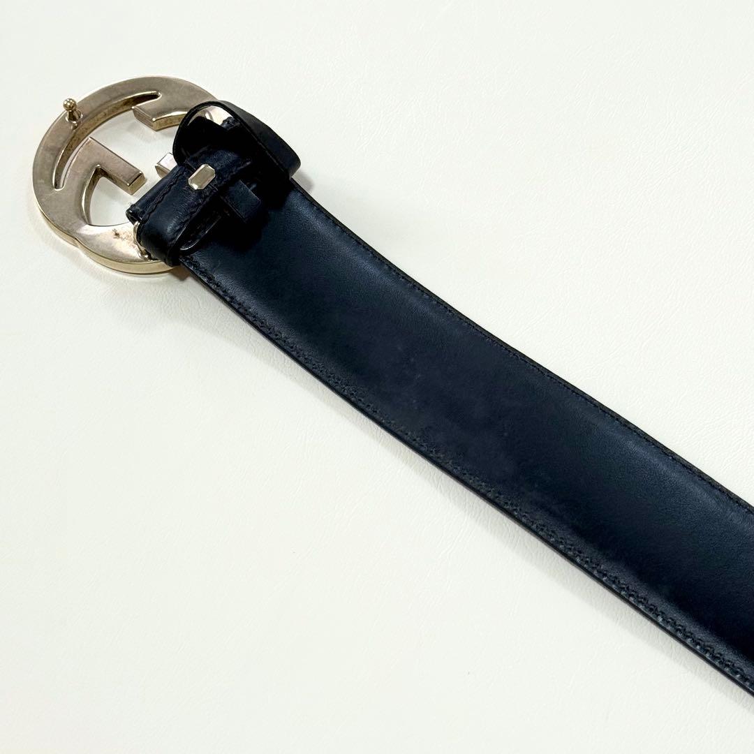 GUCCI インターロッキング シマレザーベルト GG柄 ゴールド金具 ブラック