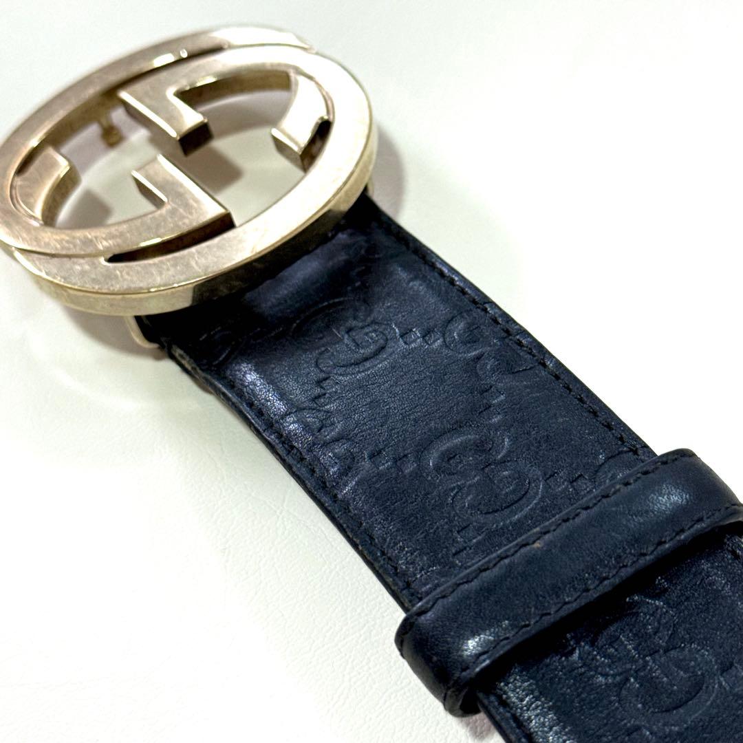 GUCCI インターロッキング シマレザーベルト GG柄 ゴールド金具 ブラック