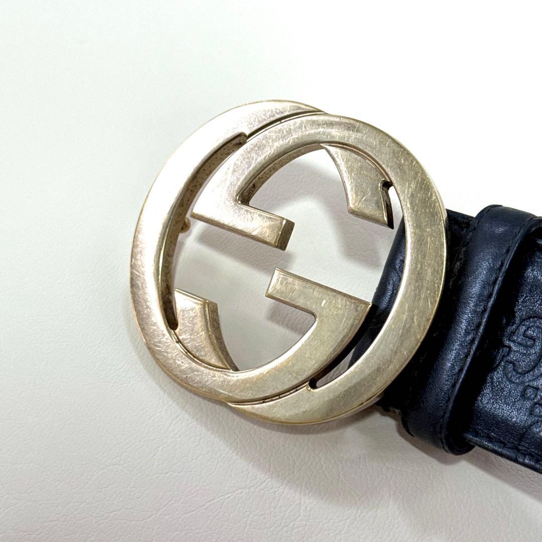 GUCCI インターロッキング シマレザーベルト GG柄 ゴールド金具 ブラック