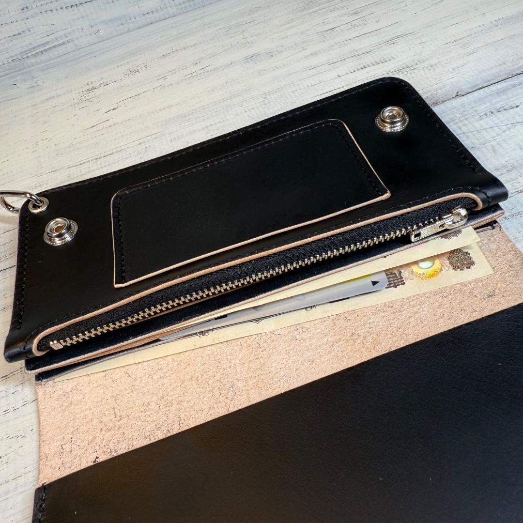 【トラッカーウォレット ロング 3層】 ブラック 姫路レザー シルバー YKK