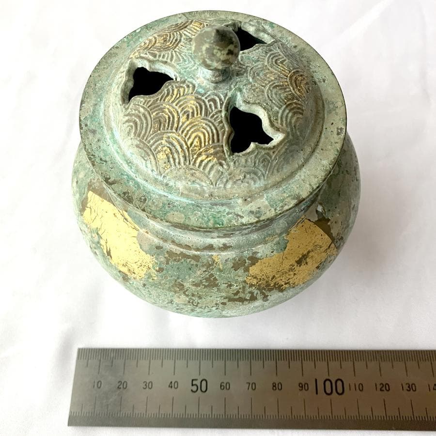 日本香堂 香炉 波千鳥 高岡銅器 銅製 金彩 緑青 古色仕上げ 仏具 茶道具