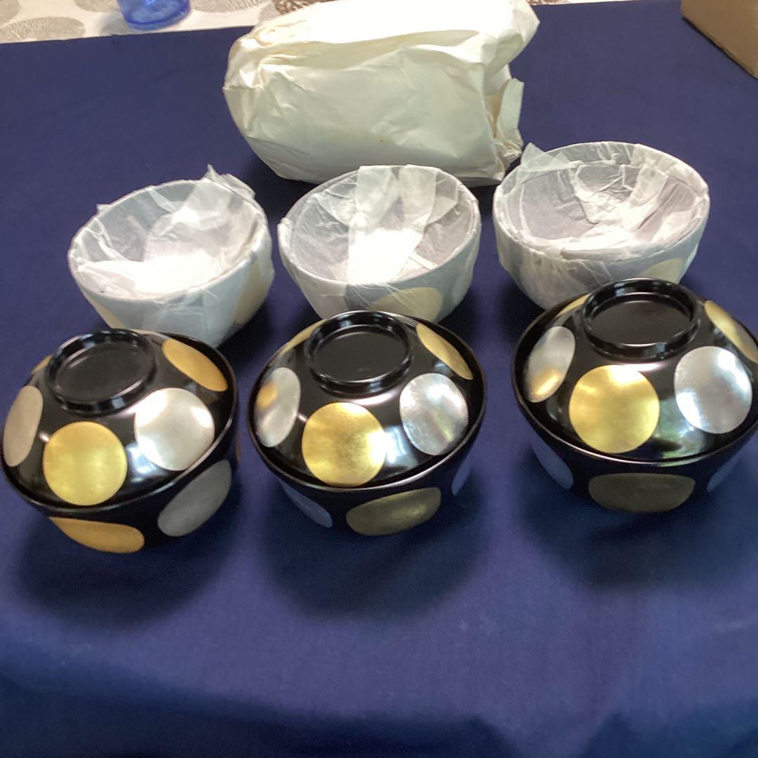 魯山人写本金箔銀箔日月椀　　9客　　　木乾製　新品未使用