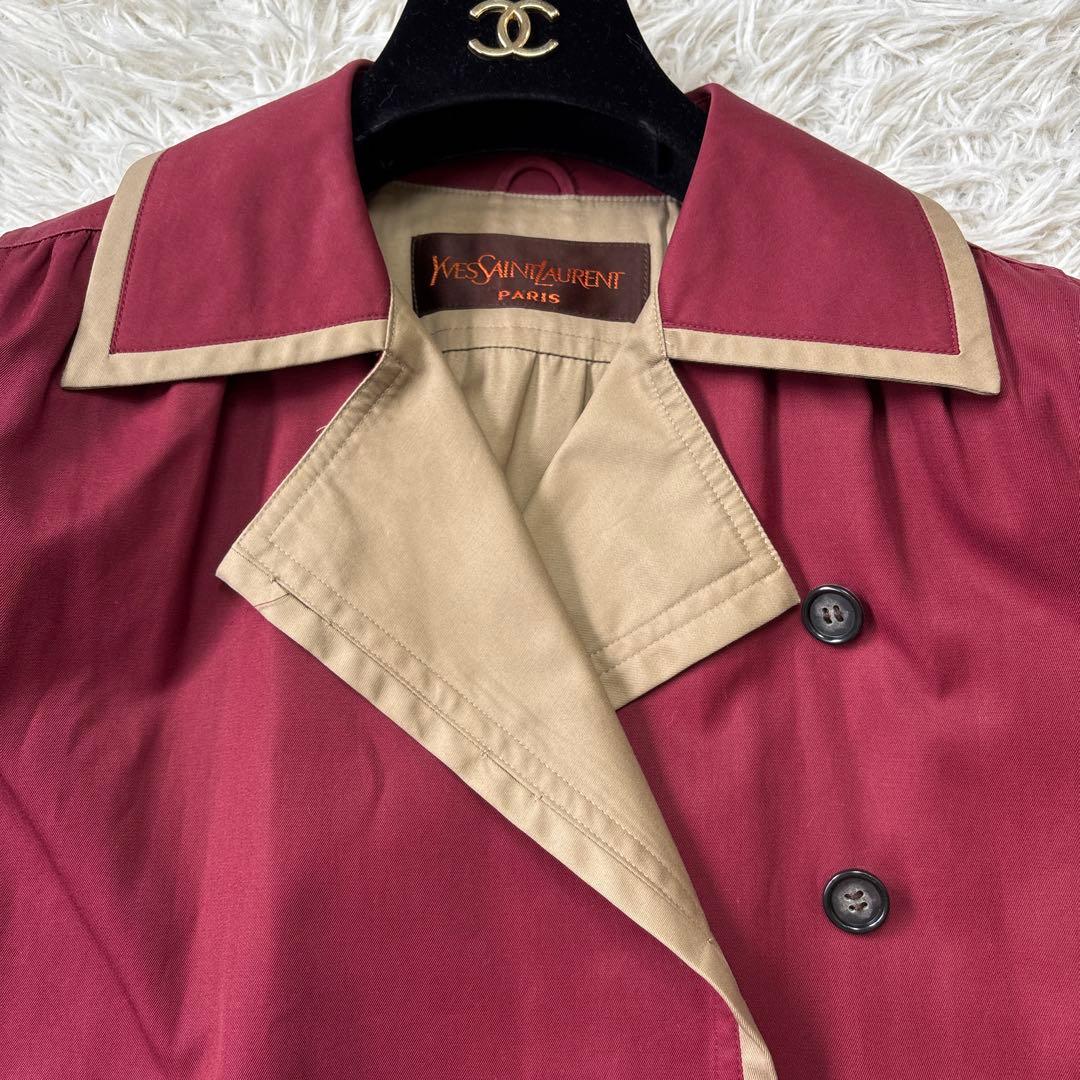 希少☆美品【イヴサンローラン】バイカラー　ワインレッド×ベージュ　ロングコート