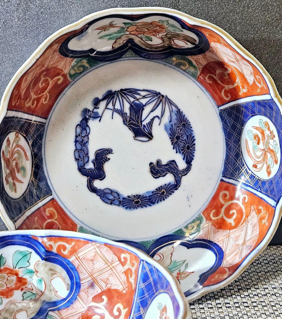 上作品❗️明治時代　古伊万里　錦手　花に鳳 凰　大振なます皿2客　径17.6cm