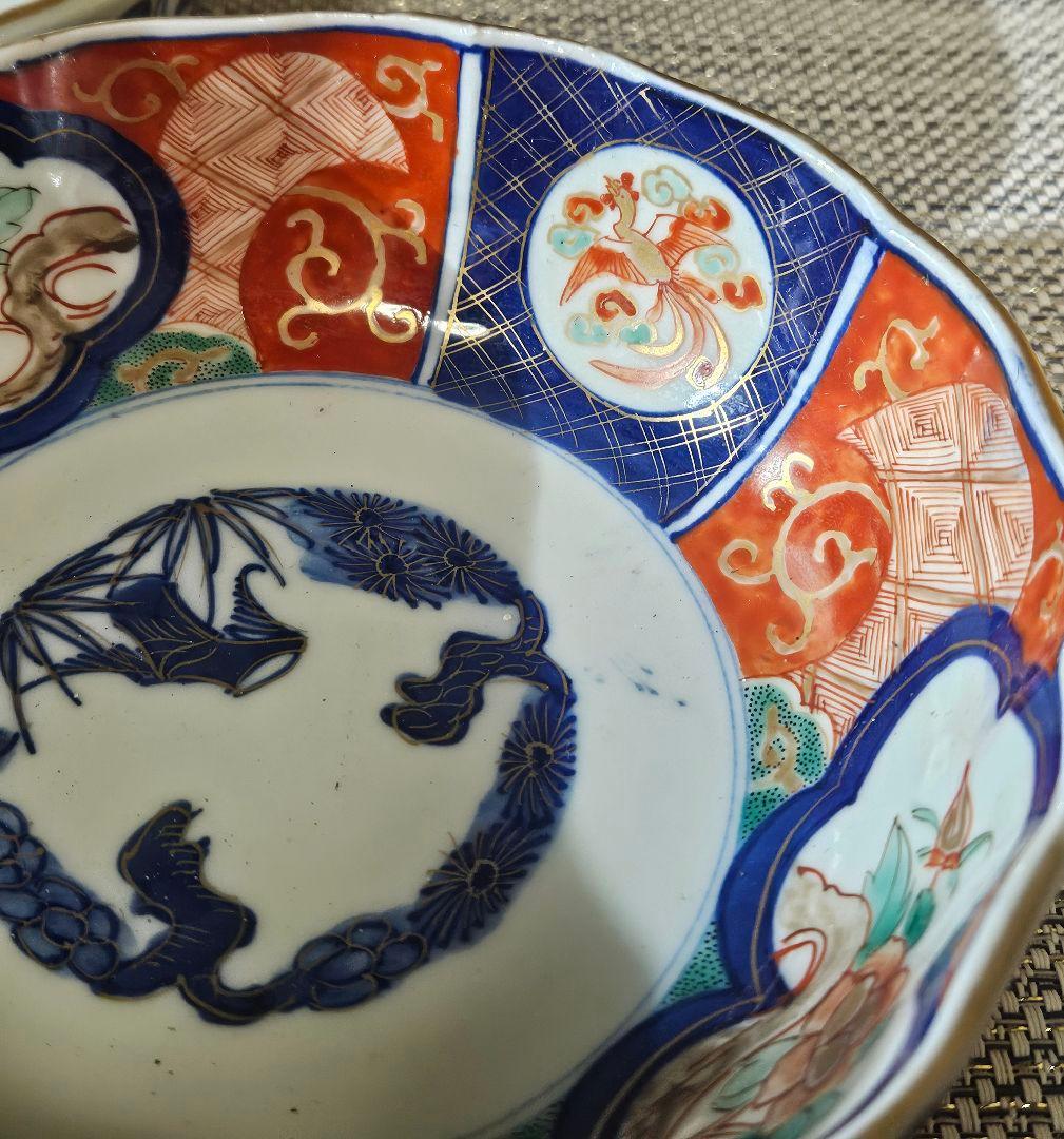 上作品❗️明治時代　古伊万里　錦手　花に鳳 凰　大振なます皿2客　径17.6cm