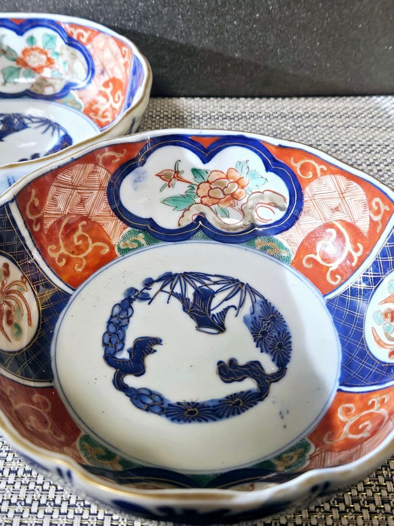 上作品❗️明治時代　古伊万里　錦手　花に鳳 凰　大振なます皿2客　径17.6cm