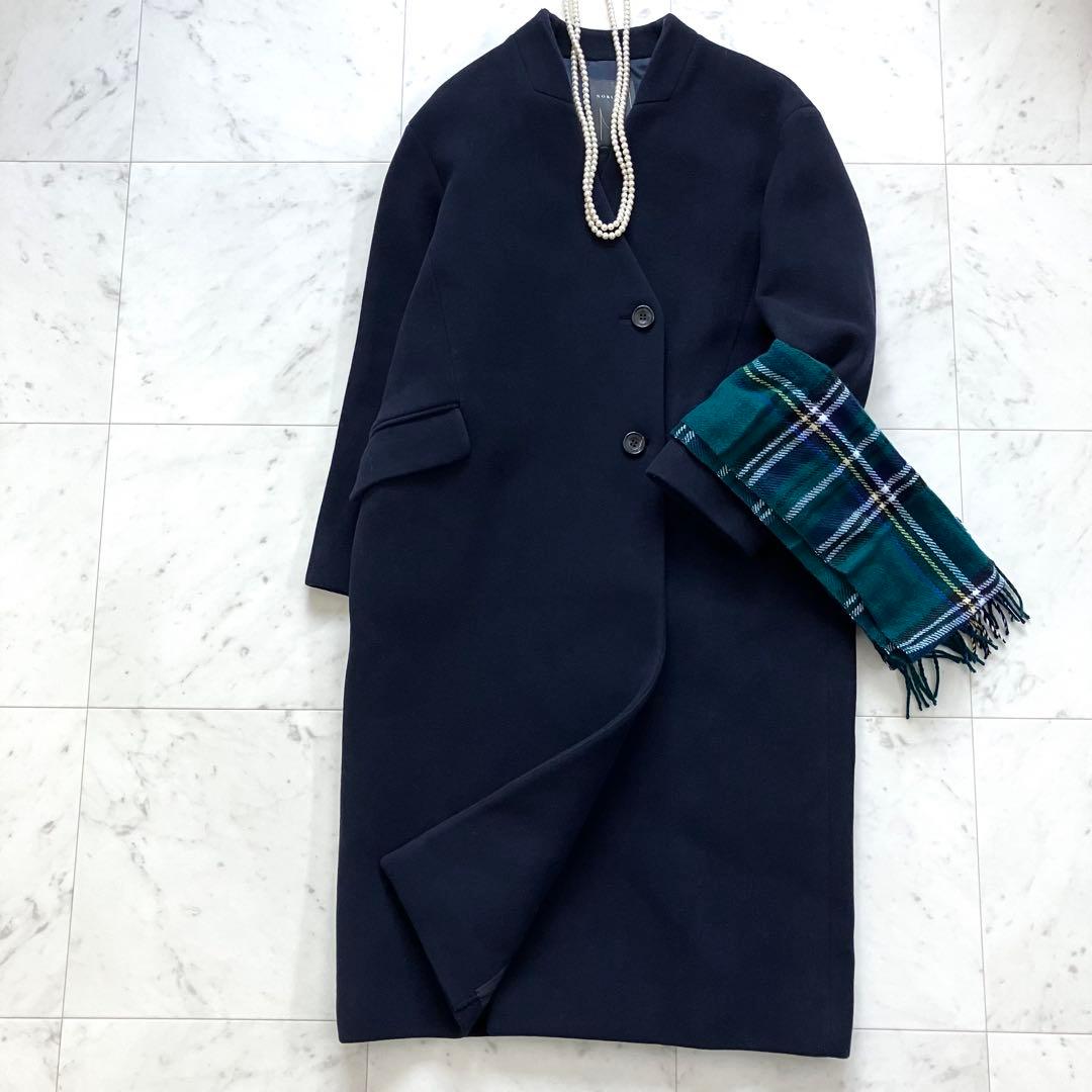 ノーブル MTRチェスターディテールVカラーコート ネイビー 36 カシミヤ混
