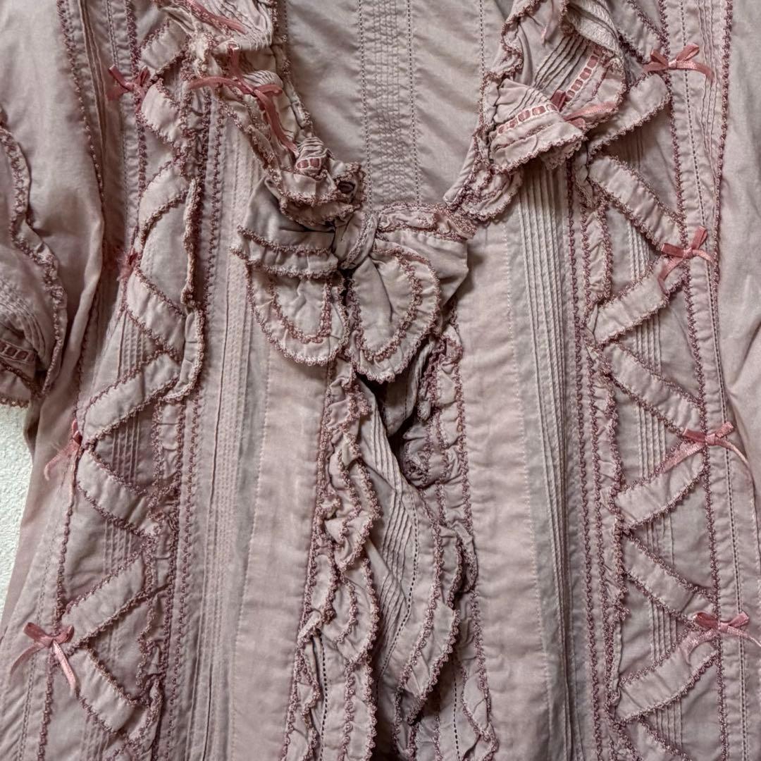 ピンクハウス　希少　日本製　ローン　オーバーブラウス　サテンリボンいっぱいP66