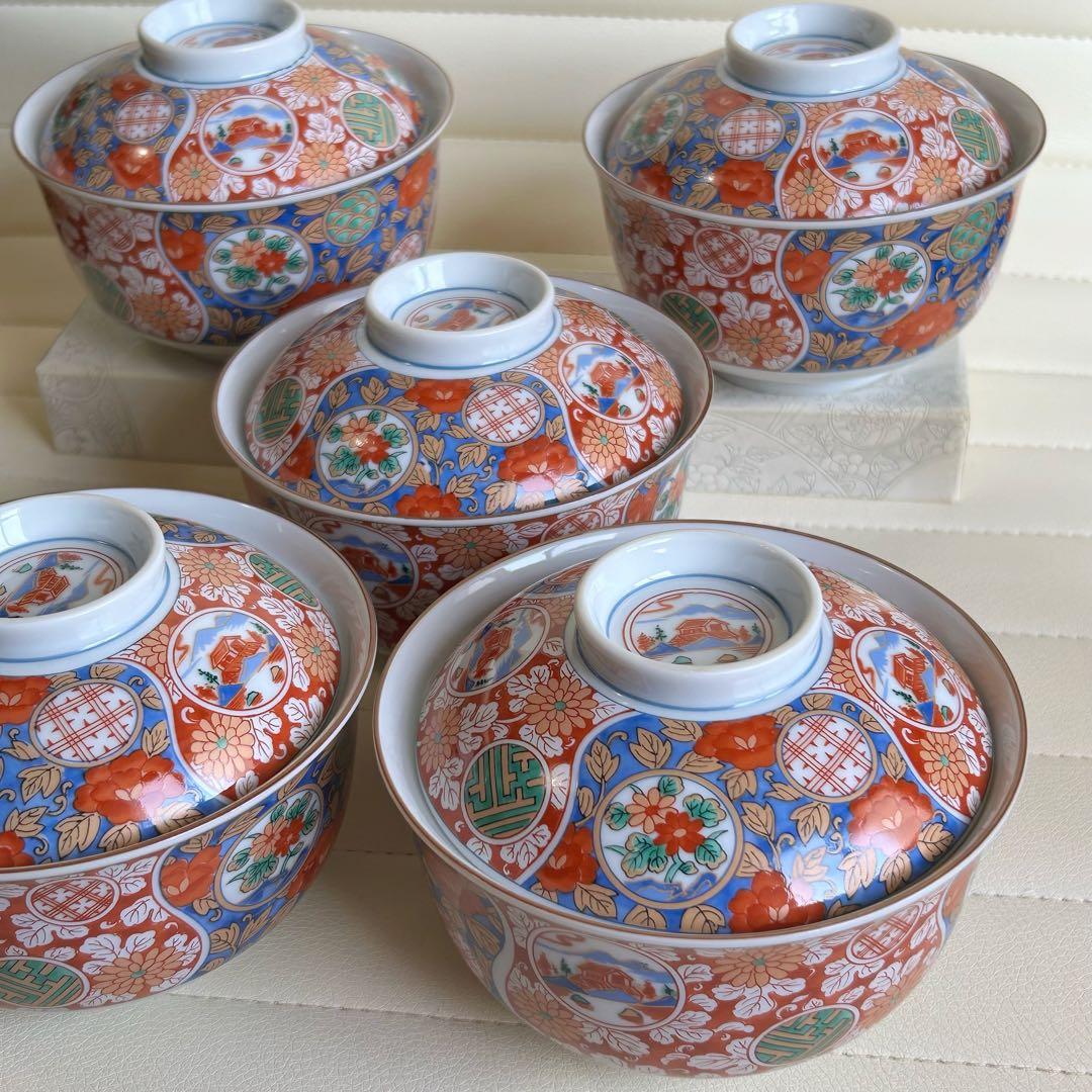 龍峰窯　蓋付きどんぶり揃　5客　丼ぶり　蓋付き碗　色絵　金彩古伊万里　和食器