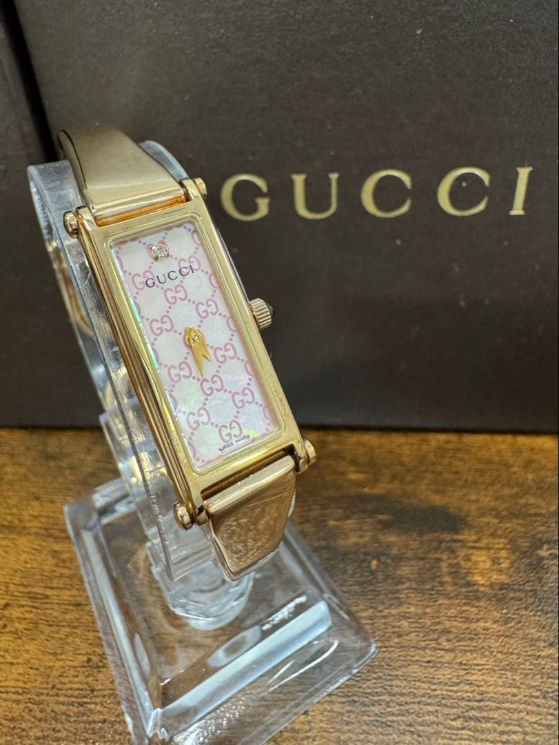 美品GUCCI 1500L ゴールド/ピンクGGシェル文字盤 1Pダイヤ