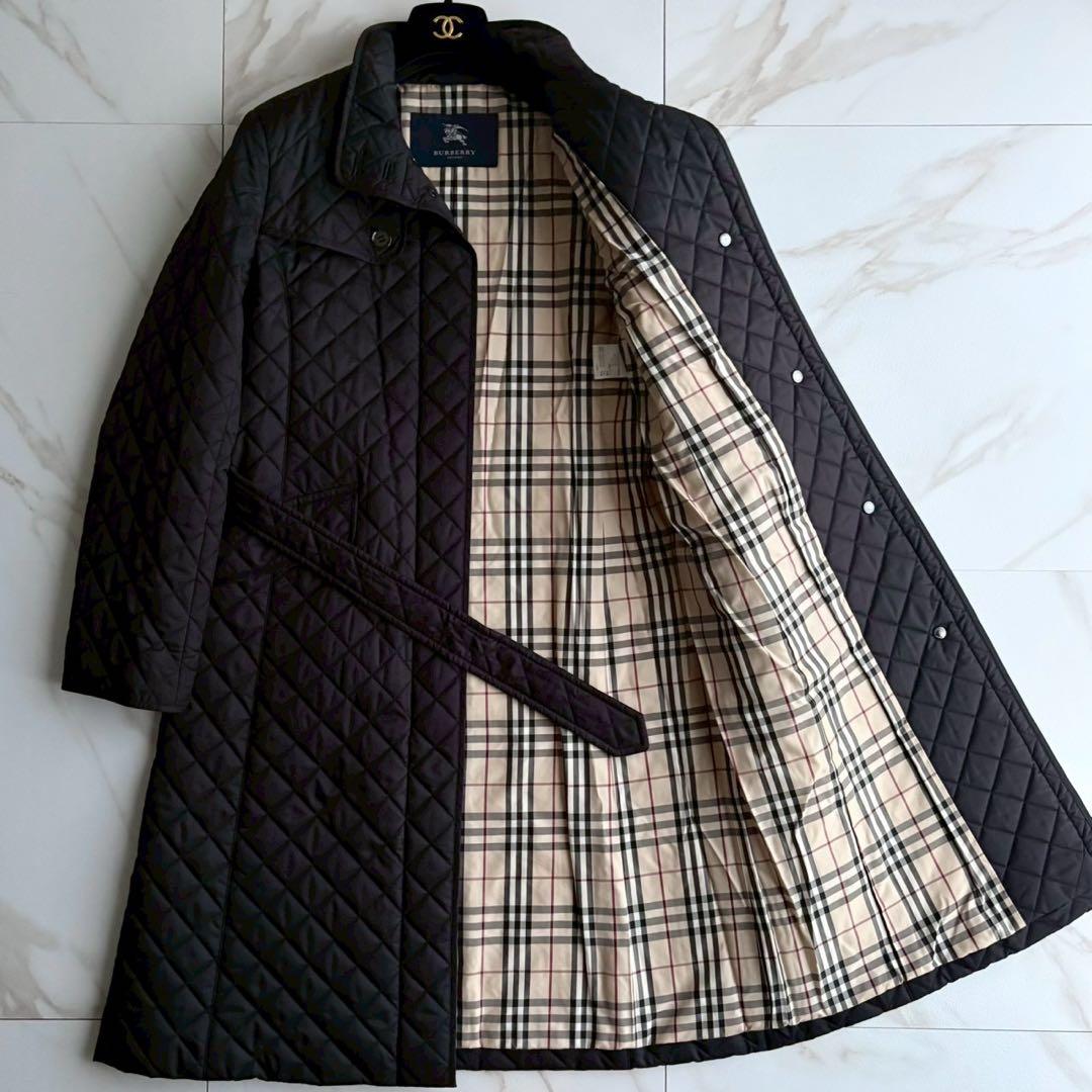 美品◆バーバリーロンドン キルティング ベルト付き ロングコート 黒 Lサイズ
