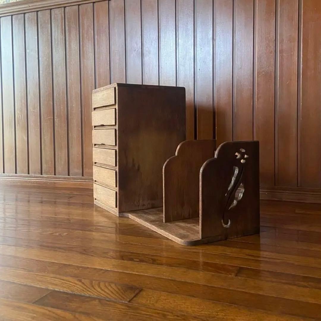 アンティーク　本立て付き小引き出し　古家具　花模様　昭和レトロ