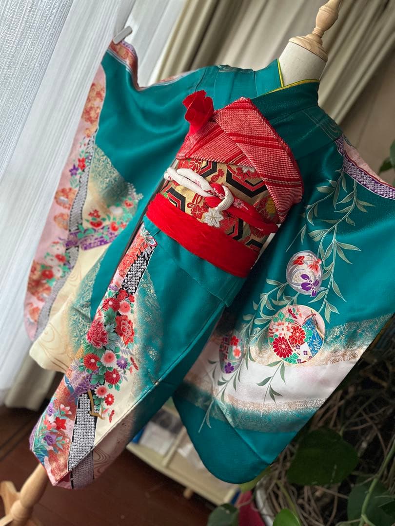 プーさん7歳用七五三フルセット ピーコックグリーン 5点セット