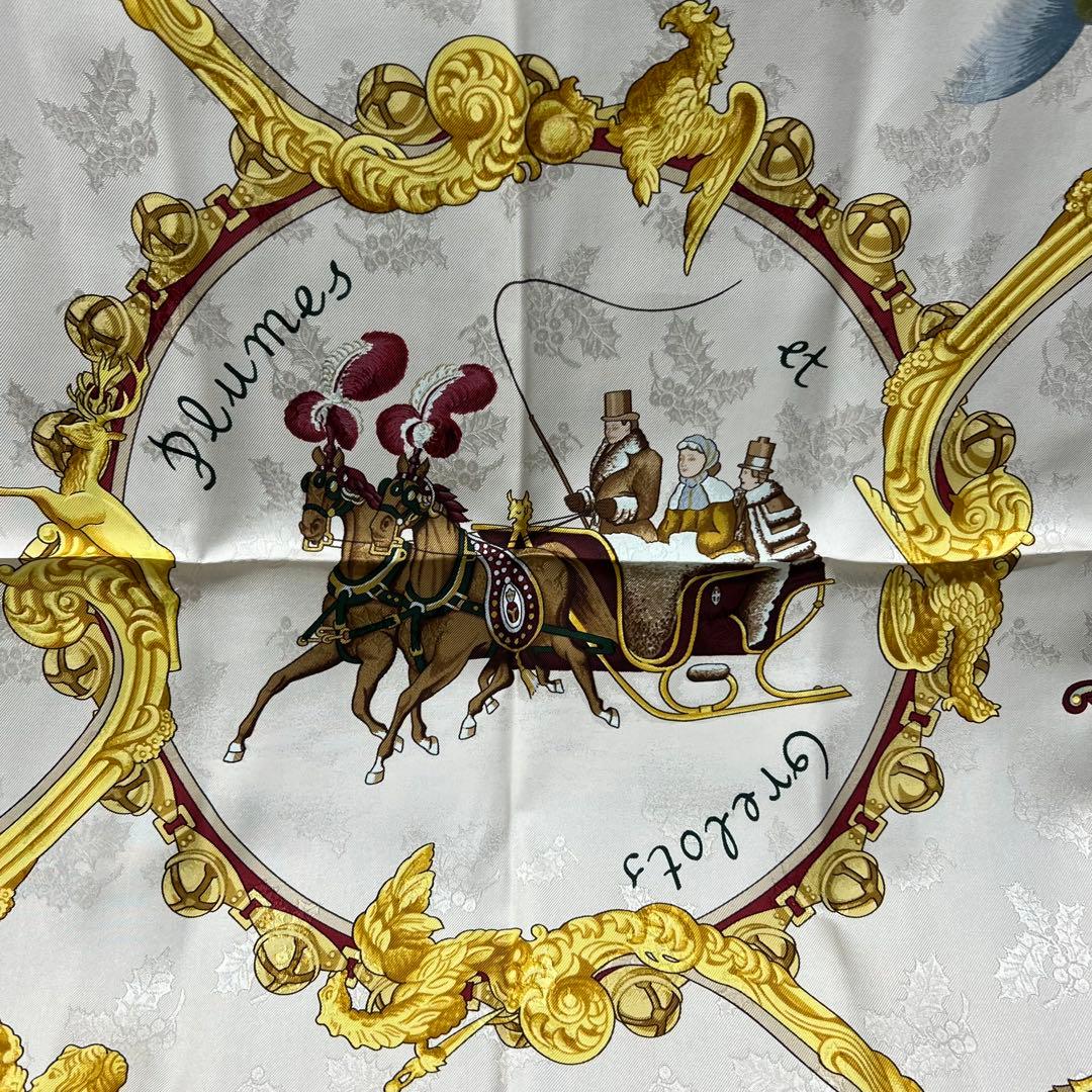 ま*！様 hd【used】HERMES スカーフ カレ90 羽飾り　馬車　鈴　グ