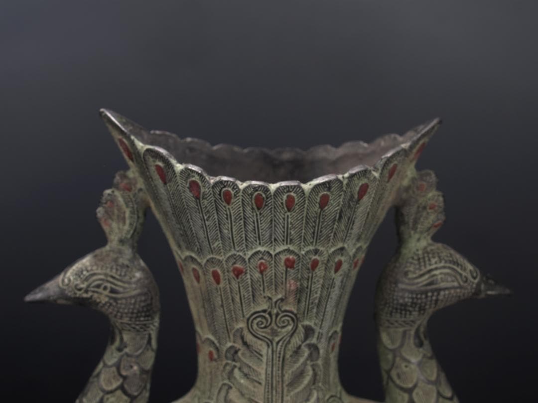 社長贓品　唐物　中国西周　青銅製孔雀花瓶　※激安骨董品 AK465A7-3