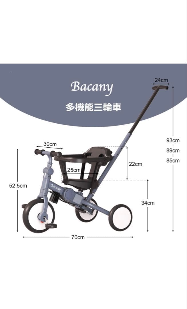 Bacany 多機能三輪車 押し棒・ステップ付き グレー