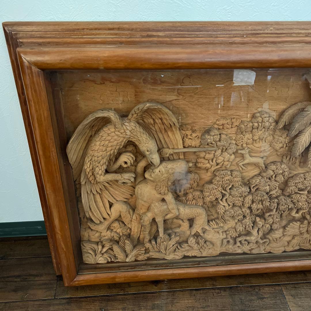y593 特大サイズ 額装 ジャワ太古の民話を題材にした木彫りレリーフ 192㎝
