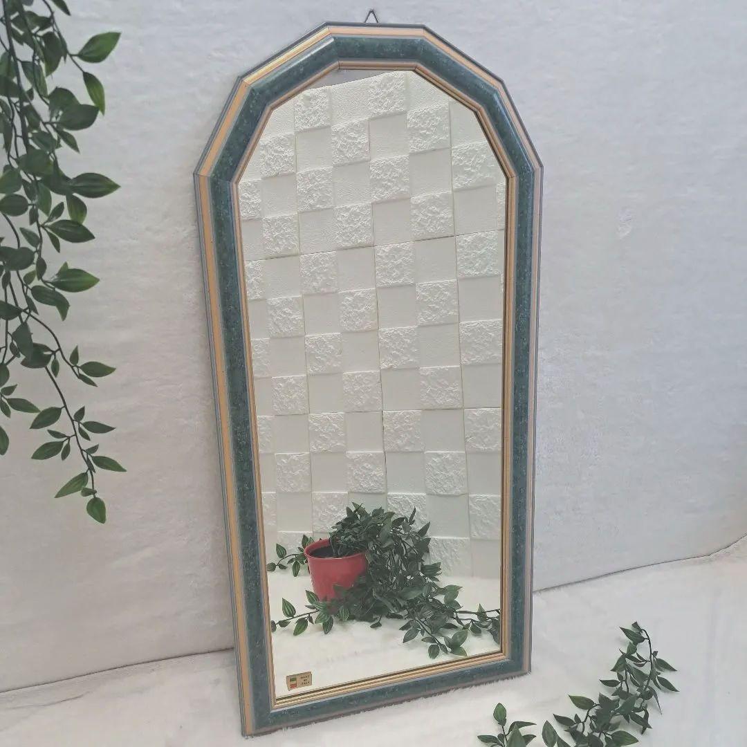 イタリア製　アンティーク ミラー 八角形 壁掛け鏡 淡いグリーン