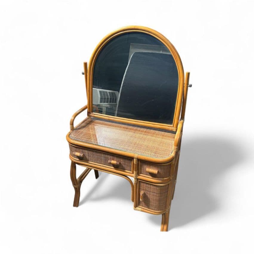 【配送不可、現地引取のみ】ラタン製ドレッサー・鏡台 アーチ型ミラー