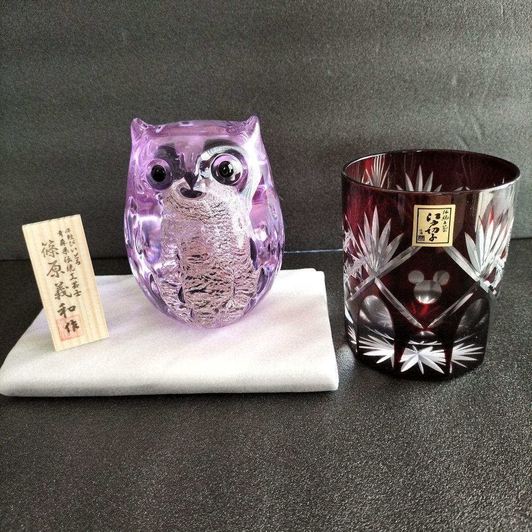 青森伝統工芸品　津軽びいどろ置物と ディズニー江戸切子グラス