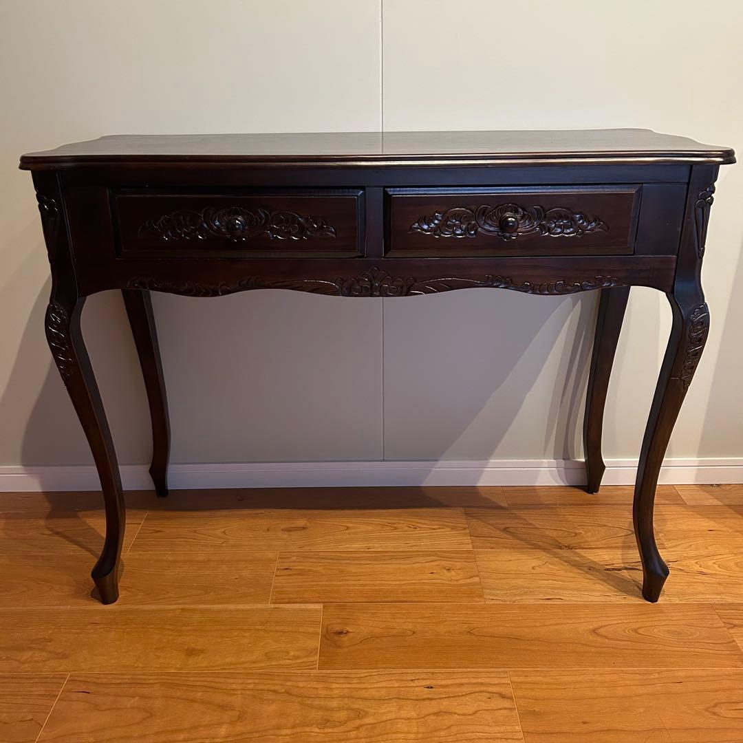 ダークブラウン 木製 文机 彫刻　アンティーク風