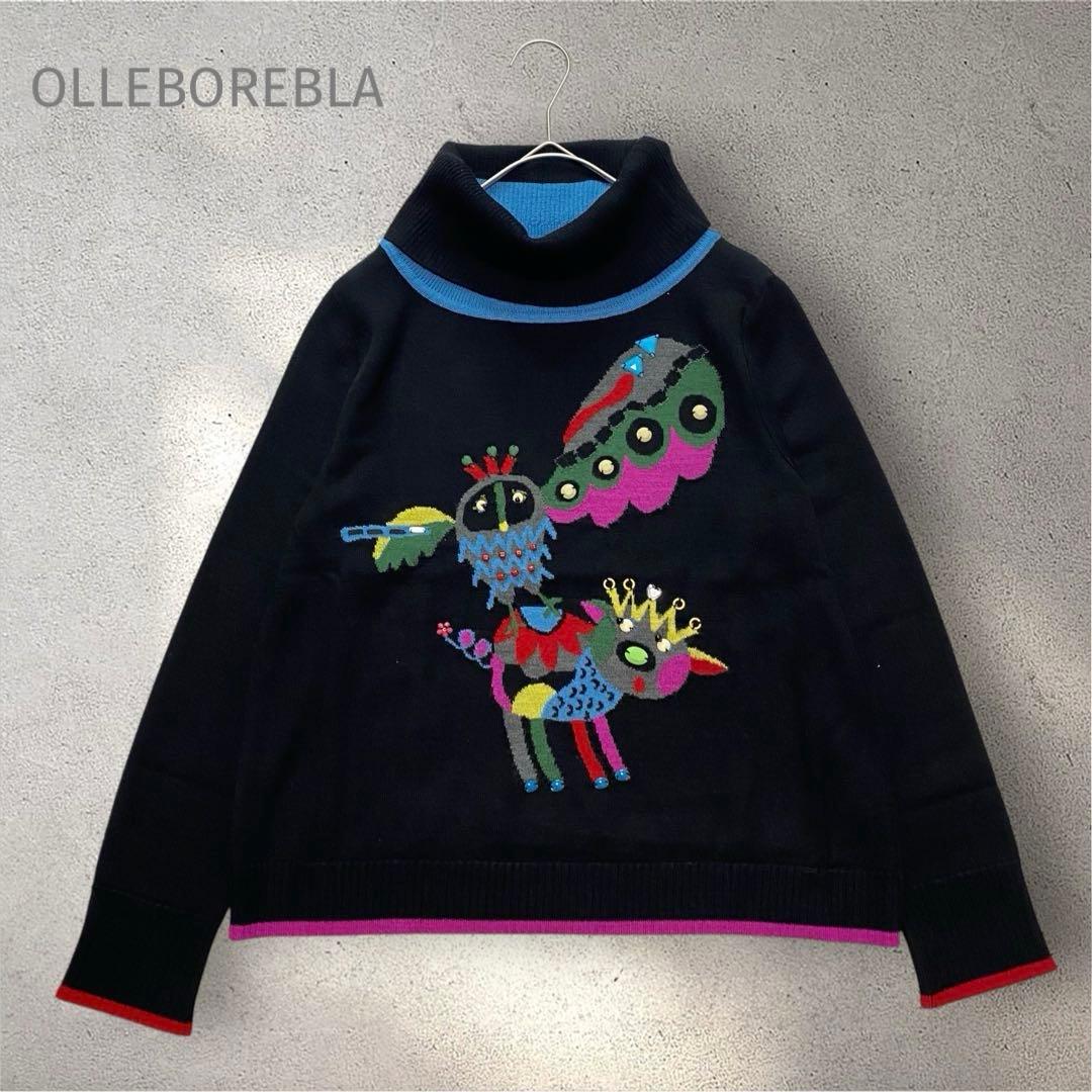 美品✨アルベロベロ　黒　ニット　ハイネック　ぶたさん　フクロウ　ビーズ装飾